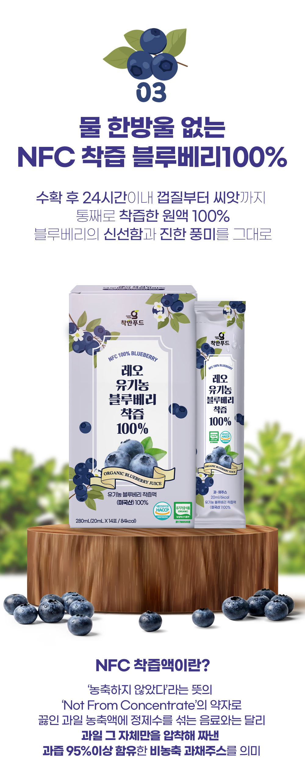 착한푸드 레오 유기농블루베리착즙 100% 3박스(42포)