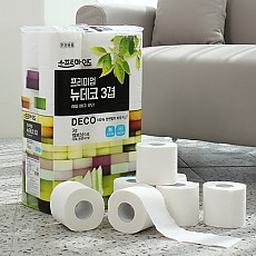 [★무료배송★ 비데겸용 천연펄프 100%] 프리미엄 뉴데코 3겹 엠보싱 롤 화장지 (20m x 30롤)