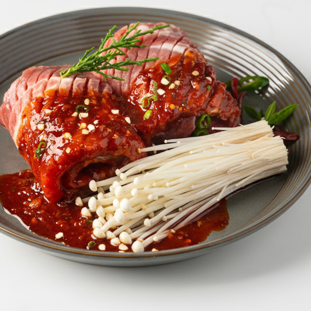 정채움 팽이버섯 비법 양념 매운 돼지 왕구이 불닭맛 700g 화끈한 안주 멍석말이