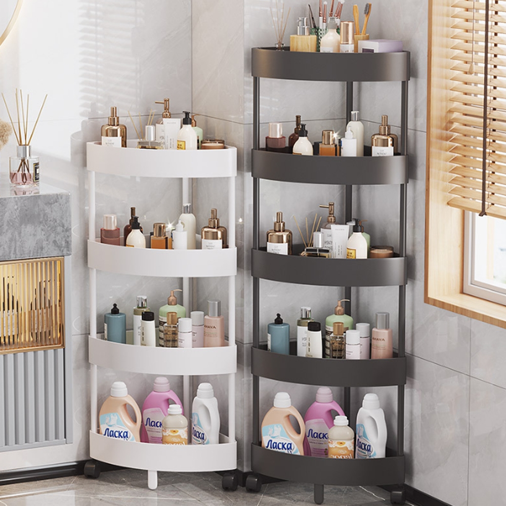 [HSP] 90도 핏 라운드 코너 무빙 랙 B-079 4단 화이트 주방선반 이동식선반 코너선반 욕실선반 거실선반