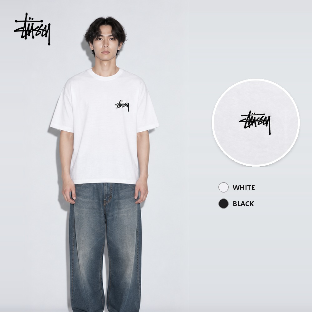 [스투시] 베이직 반팔 티셔츠 (블랙, 화이트 S~XL) 라운드티 남녀공용 캐주얼티 데일리룩 면티