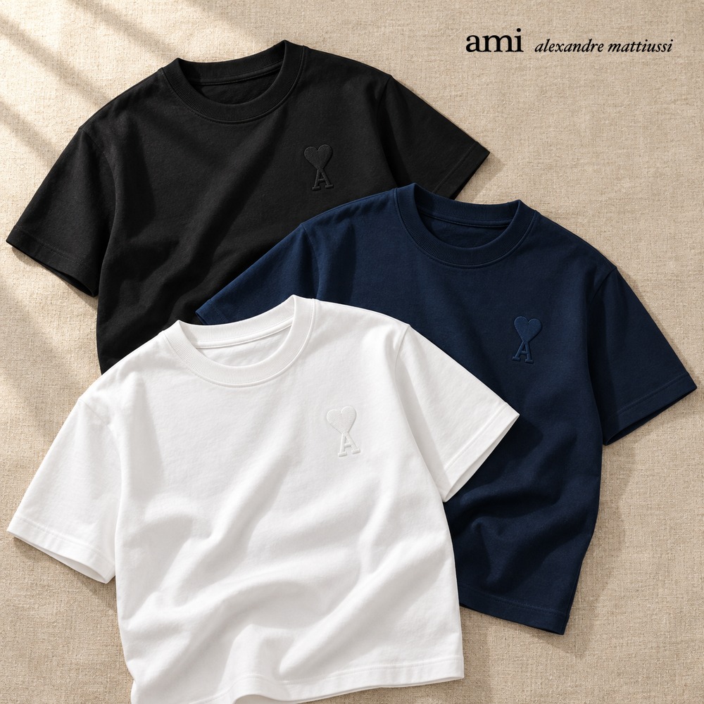 [아미] 자수 빅하트 반팔 티셔츠 (블랙, 네이비, 화이트 S~XL) 아미반팔티 빅하트티셔츠 면티 캐주얼티 여름티