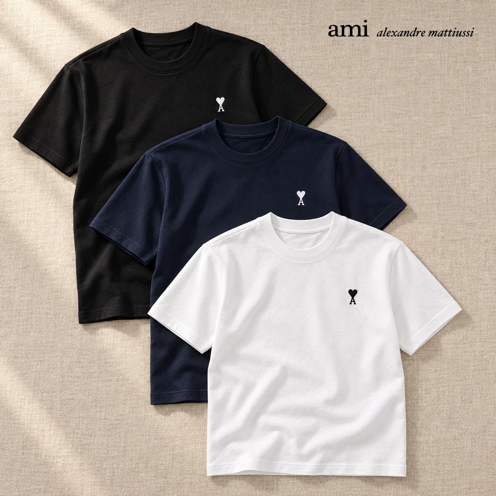 [아미] 드 꾀흐 콘트라스트 하트 반팔 티셔츠 (블랙, 네이비, 화이트, S~XL) 아미반팔티 면티 캐주얼티 여름티 커플티