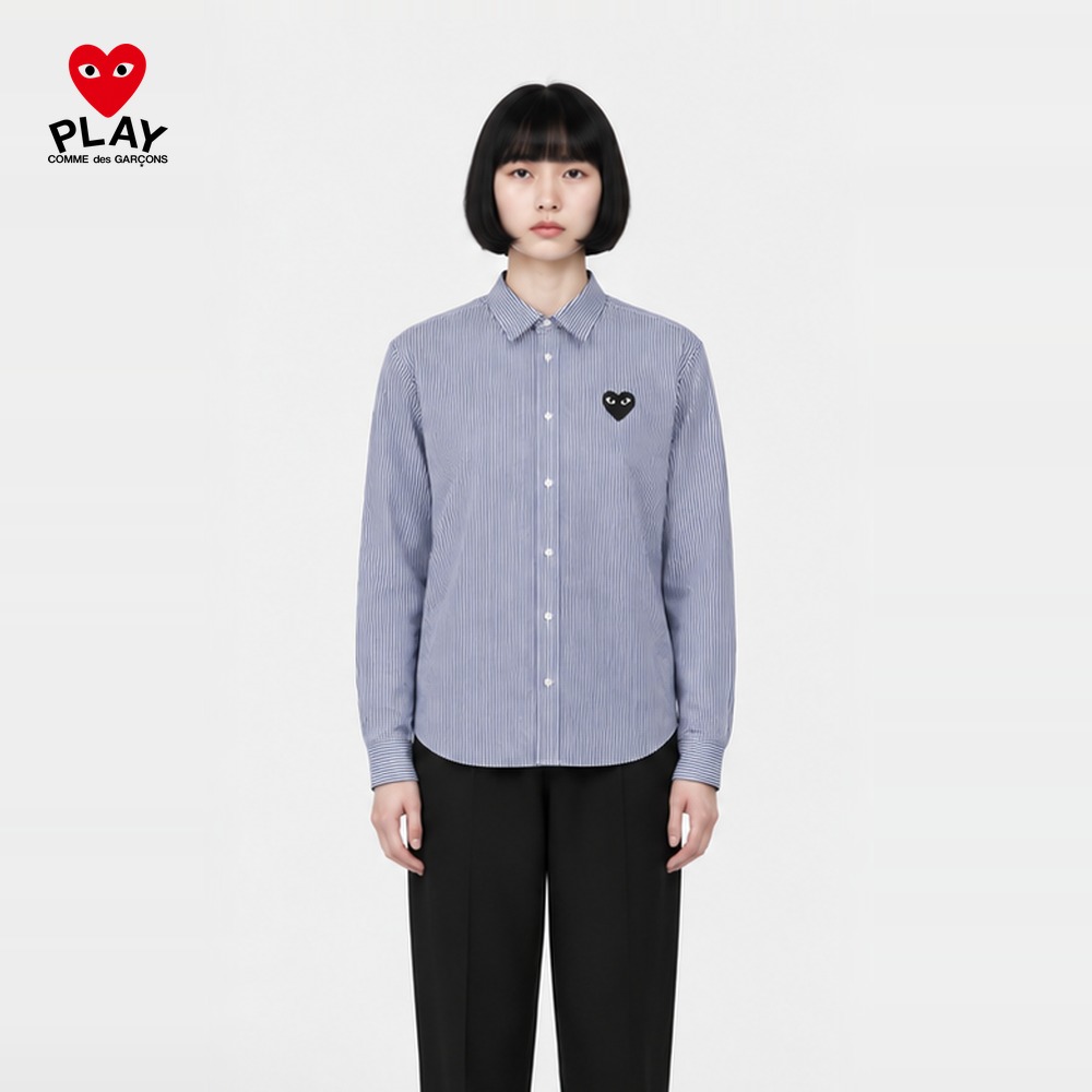 [꼼데가르송] 스트라이프 블랙 와펜 셔츠 (블루, 연한블루 S~2XL) 스트라이프셔츠 와이셔츠 블라우스 긴팔셔츠 캐주얼셔츠
