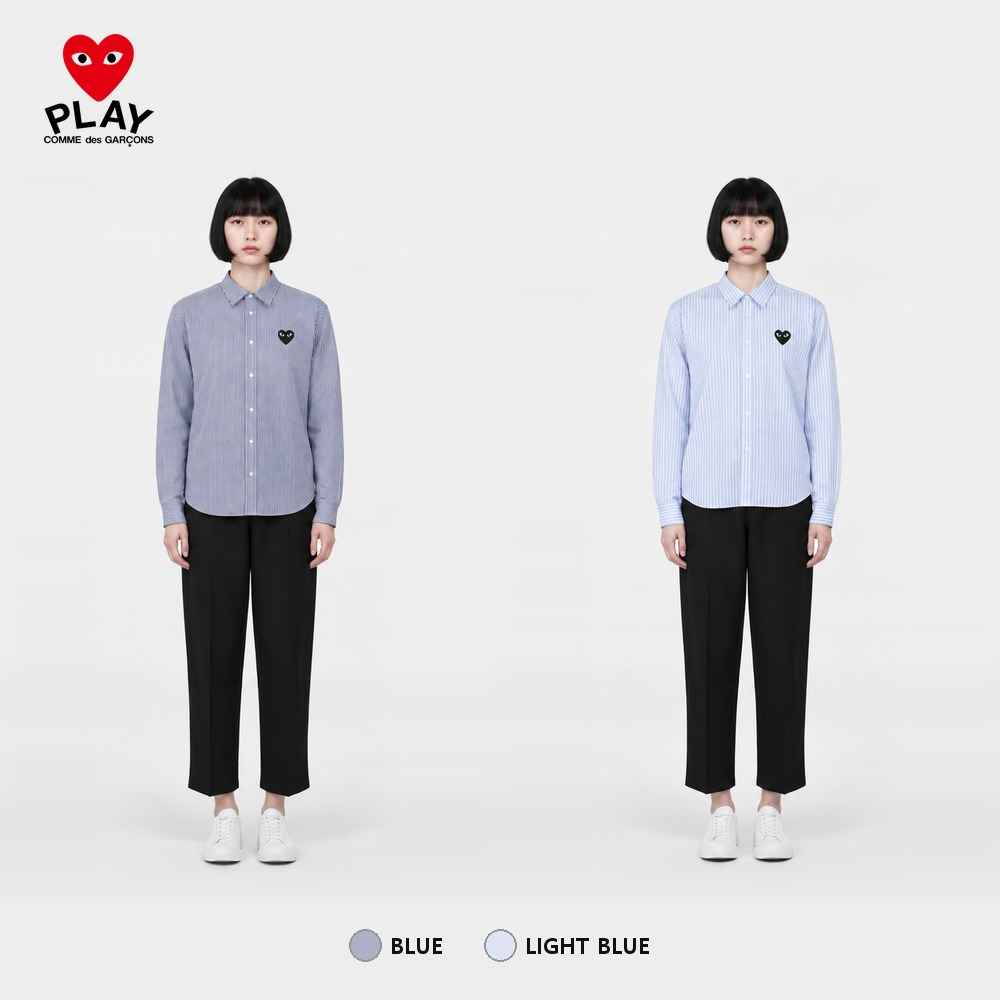 [꼼데가르송] 스트라이프 블랙 와펜 셔츠 (블루, 연한블루 S~2XL) 스트라이프셔츠 와이셔츠 블라우스 긴팔셔츠 캐주얼셔츠