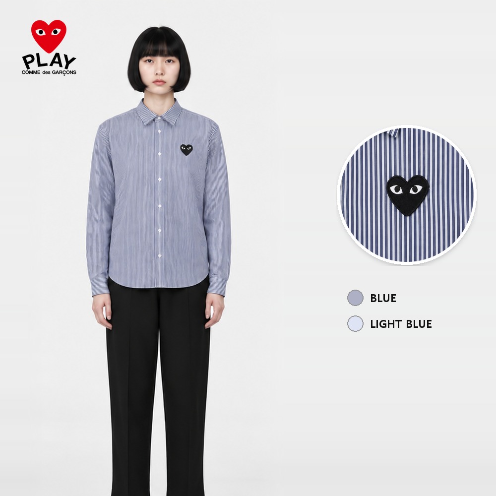 [꼼데가르송] 스트라이프 블랙 와펜 셔츠 (블루, 연한블루 S~2XL) 스트라이프셔츠 와이셔츠 블라우스 긴팔셔츠 캐주얼셔츠