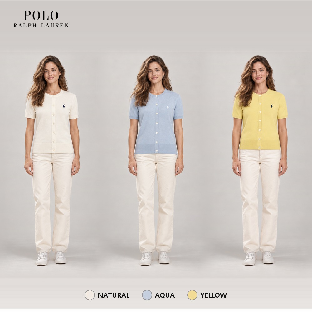 [Polo Ralph Lauren] 폴로랄프로렌 여성 피마코튼 엘보우 슬리브 반팔 가디건 211873382 (내추럴, 아쿠아, 옐로우 XS~L)