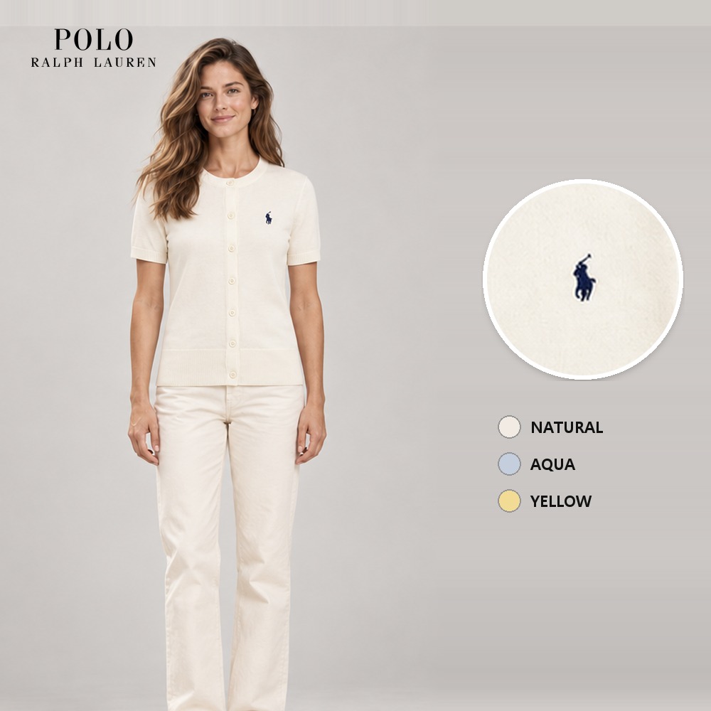 [Polo Ralph Lauren] 폴로랄프로렌 여성 피마코튼 엘보우 슬리브 반팔 가디건 211873382 (내추럴, 아쿠아, 옐로우 XS~L)
