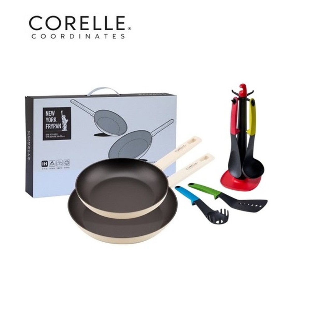 [코렐] 코디네이츠 뉴욕 IH인덕션 프라이팬·궁중팬 프라이팬 24cm+28cm+실리콘 조리도구 5종