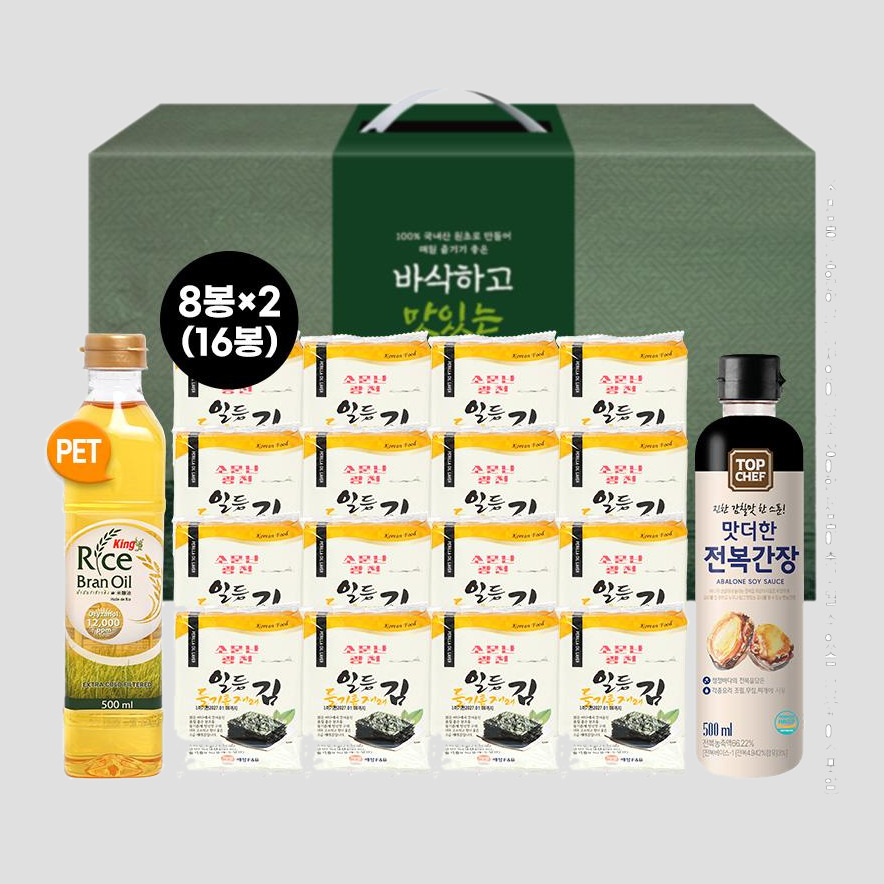 [광천김] 소문난광천일등들기름재래김16봉 킹프리미엄현미유500ml 탑셰프전복간장 (3종)
