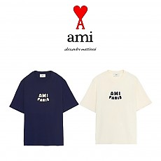 [100%정품] [ami] 아미 남녀공용 PARIS 로고 패치 코튼 반팔 티셔츠(네이비, 크림 XS~XL)